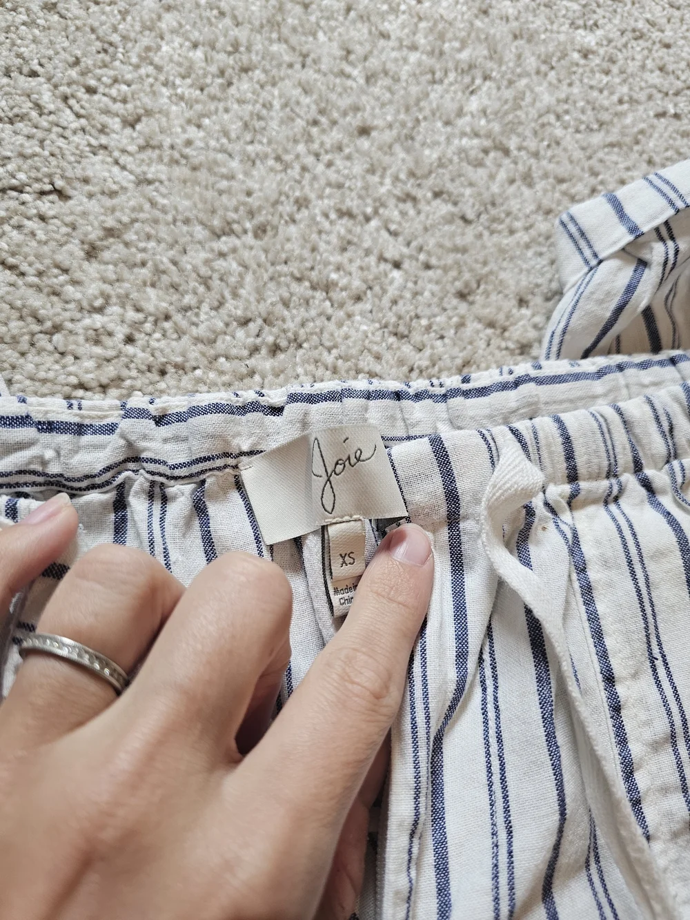 Joie Striped Drawstring Linen-Blend Pants - White & Navy - Picture 3 of 7